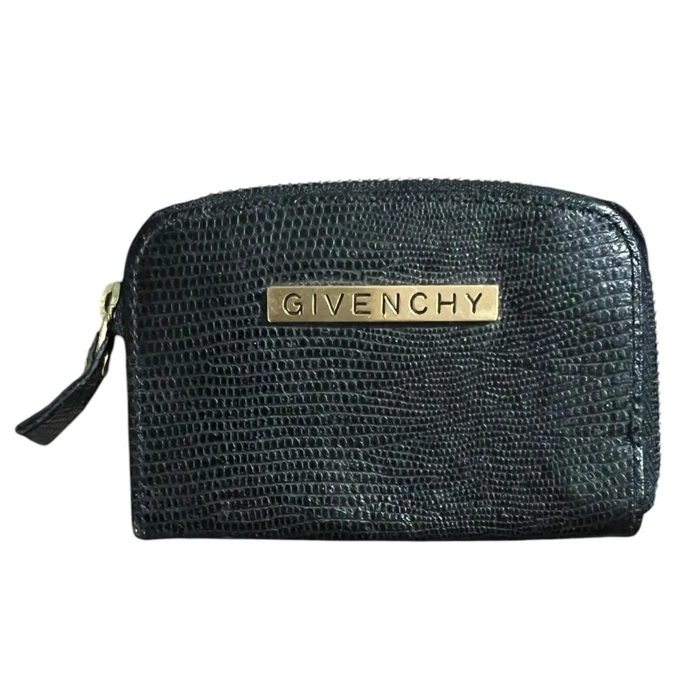 Vintage Givenchy Cosmetic Makeup Bag Womens Small Black Lizard Texture